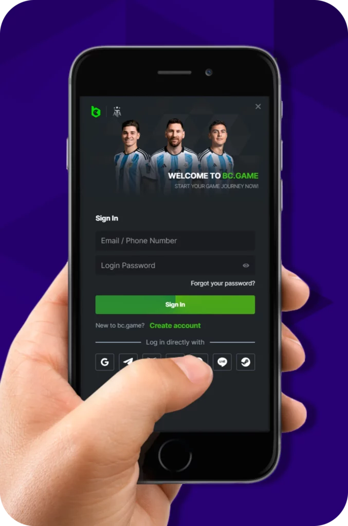Here are steps to log in via BC.Game app.